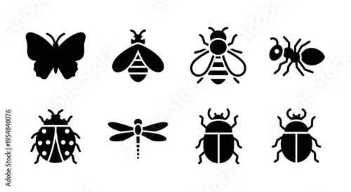 Black Insect Icons: Butterfly, Bee, Ant, Ladybug, Dragonfly, Beetles