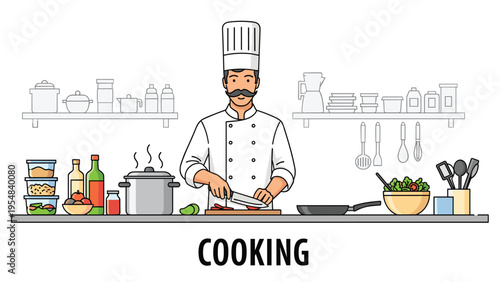 Skilled male chef in a traditional white uniform and toque preparing food by slicing ingredients on a clean kitchen counter.