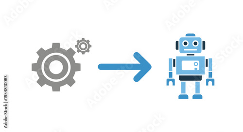 Gears Transforming into a Blue Robot Icon.