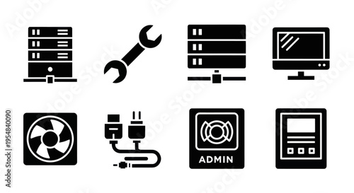 Computer Server Hardware and Maintenance Icons Set