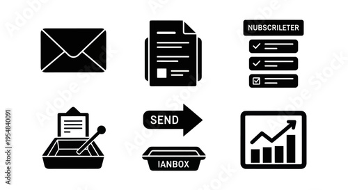 Email Marketing Icons: Envelope, Document, Newsletter, Sending, Inbox, Analytics
