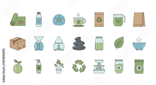 Collection of Eco-Friendly and Sustainable Lifestyle Icons with Soft Colors and Outline.