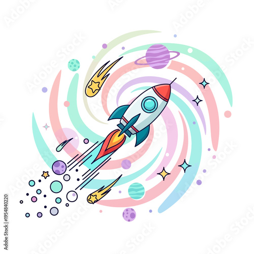 Cartoon Rocket Ship Flying Through Swirling Galaxy with Planets and Stars