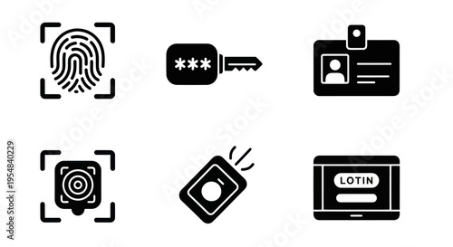 Security Icons: Fingerprint, Key, ID Card, Camera, Access Card, Laptop