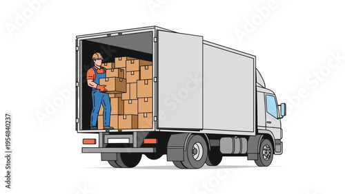 Logistics worker in blue overalls loading large cardboard boxes into the rear of a delivery truck for transportation services.
