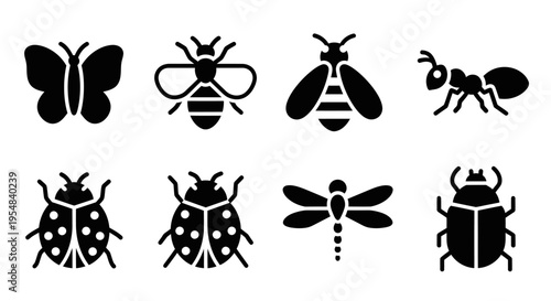 Set of Insect Icons: Butterfly, Bee, Ant, Ladybug, Dragonfly, Beetle