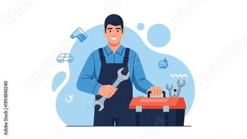 Happy automotive mechanic in blue work clothes holding a large wrench and standing next to a professional tool chest.