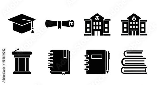 Education Icons: Graduation Cap, Diploma, University Buildings, Podium, Notebooks, Books