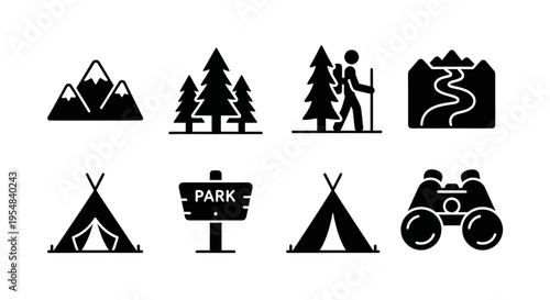 Outdoor Adventure Icons: Mountains, Forest, Hiker, Trail, Tent, Signpost, Binoculars