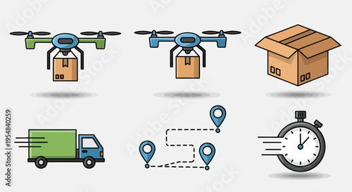Delivery Drones Truck Package and Stopwatch Icons.