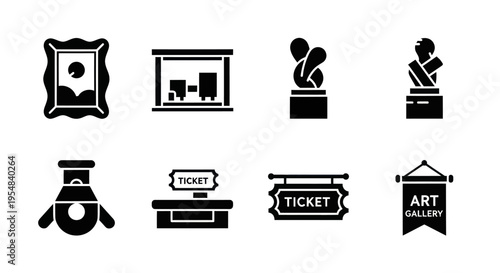 Art Gallery Icons: Painting, Sculpture, Ticket Booth, Pennant