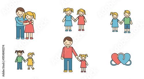 A colorful line icon set depicting family relationships including a father daughter siblings and love hearts.