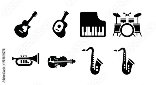 Set of musical instrument icons: guitar, piano, drums, trumpet, violin, saxophone