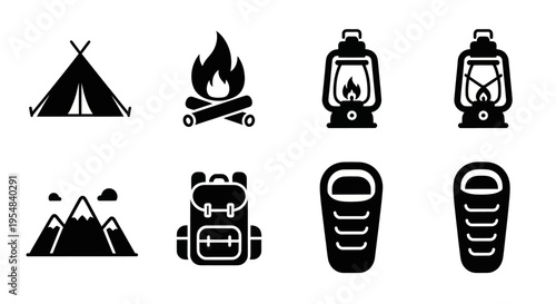 Camping Icons Set: Tent, Fire, Lanterns, Backpack, Sleeping Bag, Mountains