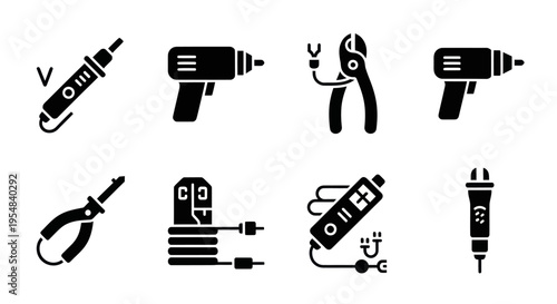 Set of Electrical Tools Icons: Screwdriver, Drill, Pliers, Wire Stripper, Soldering Iron