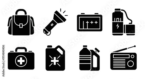 Emergency Preparedness Kit Icons: First Aid, Flashlight, Batteries, Water, Fuel, Radio