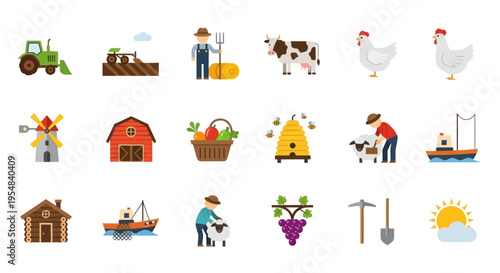Colorful Flat Design Farming and Agriculture Icons Set Representing Rural Life and Production.
