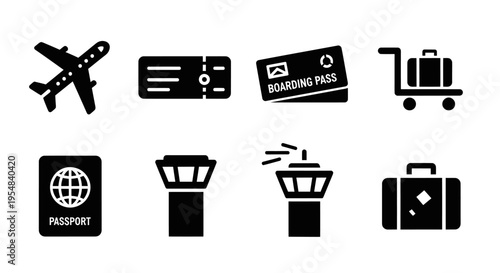 Airport Icons Set: Airplane, Ticket, Boarding Pass, Luggage Cart, Passport, Control Tower