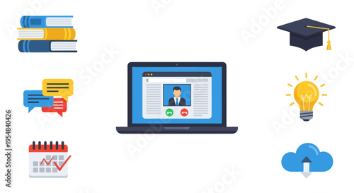 A concept illustration of online education featuring a laptop video call and learning icons like books a graduation cap and a lightbulb.