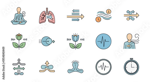 A colorful line art icon set for breathing exercises meditation and mindfulness techniques.