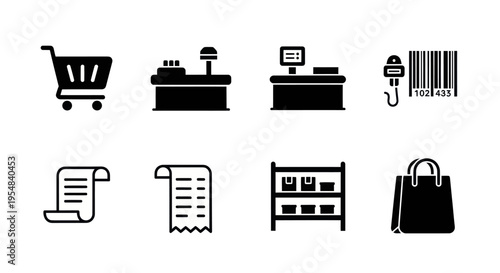 Shopping Icons: Cart, Cash Register, Barcode, Receipt, Shelf, Bag