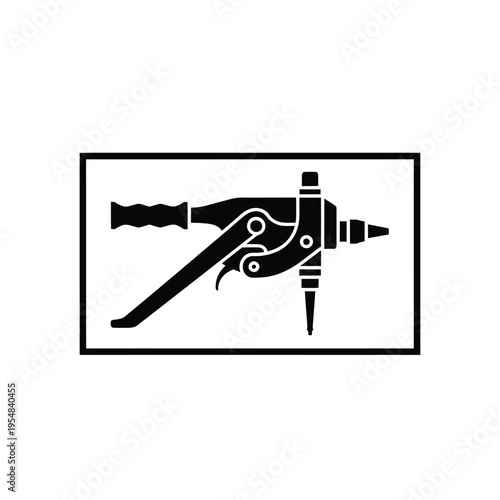 A stark black and white illustration depicts a riveting tool a specialized instrument used for fastening materials high quality