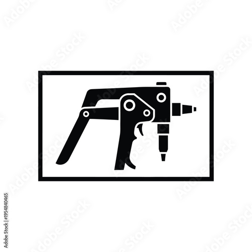 A stark black and white illustration depicts a pneumatic riveting gun a tool used for fastening materials