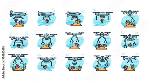 Cartoon underwater drones and submersibles collecting treasure from seabed vector icon set.