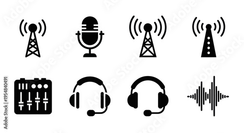 Audio broadcast and radio communication icons: microphone, headphones, mixer, antenna, sound wave