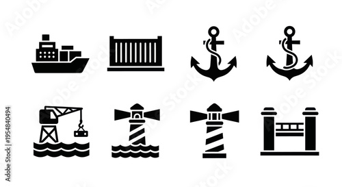 Maritime Icons: Ship, Container, Anchor, Crane, Lighthouse, Bridge, Sea