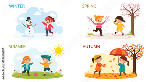 Educational infographic for children showing different seasonal activities for winter, spring, summer, and autumn throughout the year.