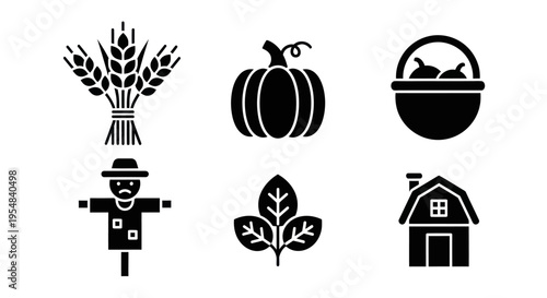 Autumn Harvest Icons: Wheat, Pumpkin, Basket, Scarecrow, Leaf, Barn