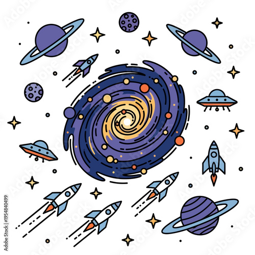 Cosmic Galaxy, Planets, Rockets, UFOs, Stars - Outer Space Illustration