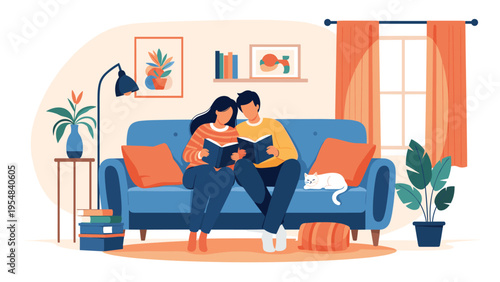 Young man and woman sitting together on a blue living room sofa while reading books and relaxing with their white pet cat.