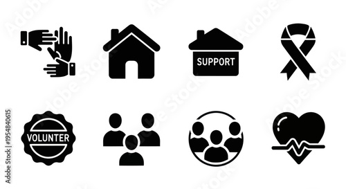 Charity and Support Icons: Hands, House, Ribbon, Volunteer, People, Heartbeat