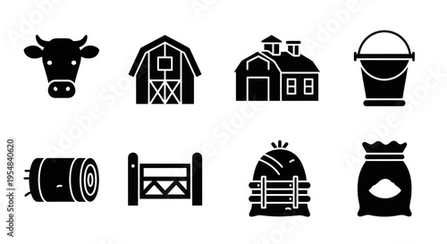 Farm Icon Set: Cow, Barn, Silo, Bucket, Hay Bale, Fence, and Feed Bag