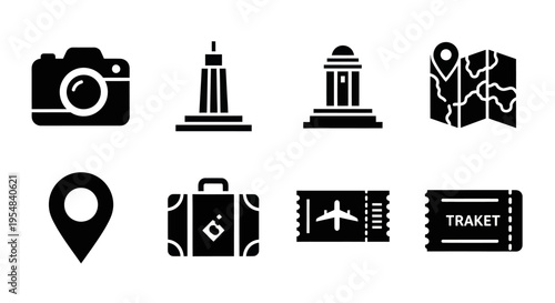 Travel Icons: Camera, Landmarks, Map, Luggage, Ticket, Pin