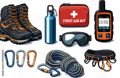 Mountaineering and Hiking Safety Gear Vector Illustration – Boots, Ropes, First Aid Kit, and Outdoor Essentials