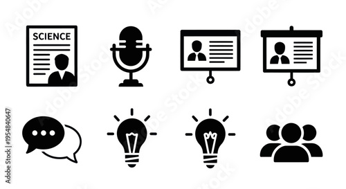 Science Presentation Icons: Microphone, Lightbulb, Speech Bubbles, People, Chart