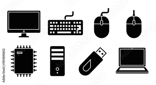 Computer Hardware Icons: Monitor, Keyboard, Mouse, CPU, Tower, USB, Laptop