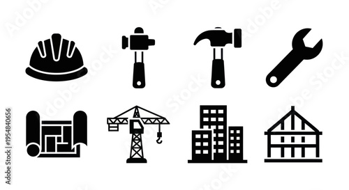 Construction Icons: Tools, Blueprint, Crane, Buildings, and House - Industry Vector Set
