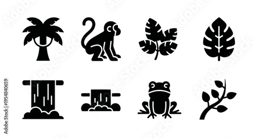 Jungle Icons: Monkey, Palm Tree, Waterfall, Frog, Tropical Leaves