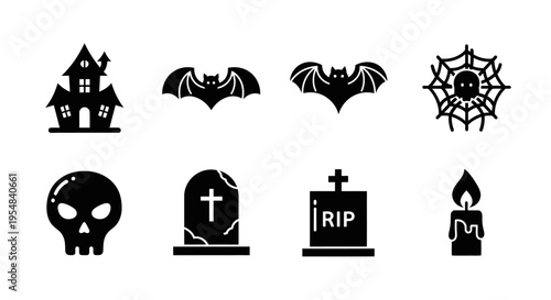 Halloween Icons Set: Haunted House, Bats, Skull, Tombstones, Spiderweb, Candle