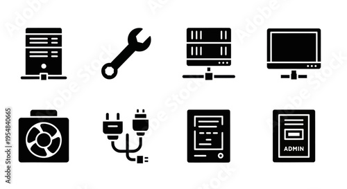 Server Technology Icons: Computer, Network, Wrench, Fan, Power Cable, Admin Panel