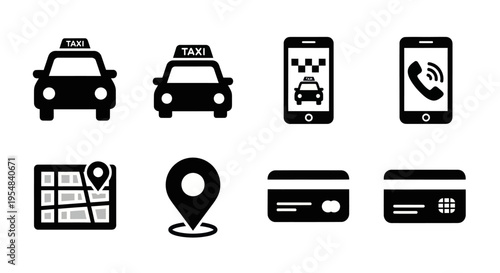 Taxi App Icons: Car, Phone, Map, Location, Credit Card, Call