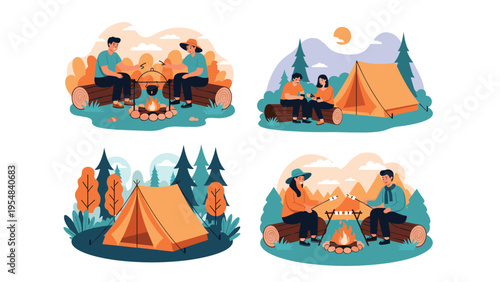 Set of outdoor camping illustrations showing people sitting by a campfire and relaxing near their tents in the wilderness.
