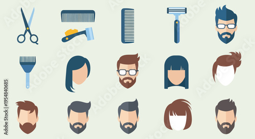 Set of flat design vector icons for a barbershop including hairstyles beards glasses and haircutting tools.