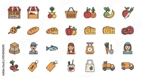 Colorful Farmers Market Icons: Fresh Produce Goods and Market Elements.
