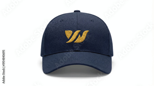Navy blue baseball cap with gold embroidered logo, front view, isolated on white background