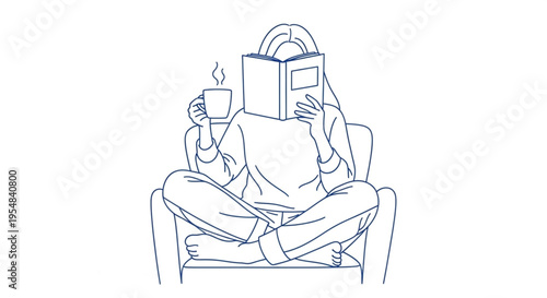 Minimalist Line Art Illustration of a Woman Sitting Cross Legged in an Armchair Reading a Book and Drinking Hot Coffee